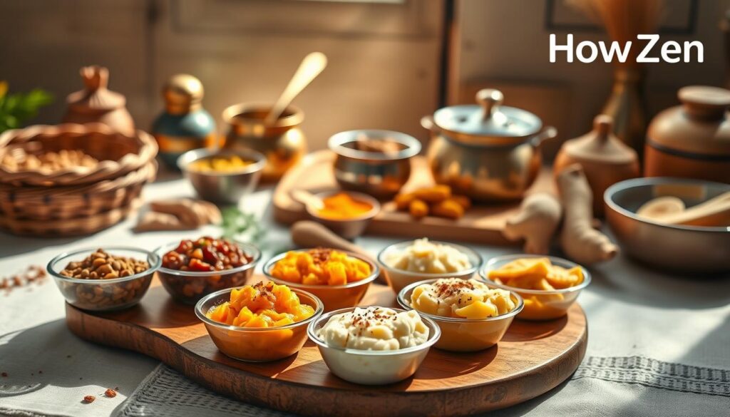A beautifully arranged setting showcasing traditional Indian baby food recipes, featuring small bowls filled with colorful, pureed dishes made from lentils, rice, and various vegetables. In the foreground, a wooden platter displays tiny portions of khichdi, mashed sweet potato, and creamy banana puree, garnished with a sprinkle of spices. The middle section highlights a traditional Indian kitchen setting, with utensils made of brass and a small cooking pot, surrounded by fresh ingredients like turmeric and ginger. In the background, soft natural light filters through a window, creating warm, inviting shadows. The overall mood is nurturing and homely, ideal for new parents exploring healthy options for their 6-month-old babies. Include the brand name "HowZen" subtly integrated into the scene, without any text overlays.