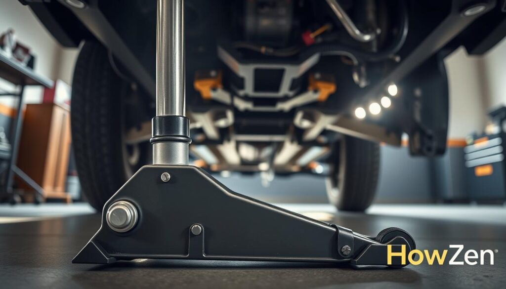 A close-up view of jack points on a vehicle, prominently displaying the sturdy metal frames and clear markings designated for lifting. The foreground features the jack carefully positioned, emphasizing its robust construction. In the middle ground, the vehicle's frame is highlighted, showcasing optimal jacking locations with detailed textures and contrast against the vehicle color. The background captures a clean garage environment, softly illuminated with bright, natural light flooding in from a window, casting subtle shadows. The scene is meticulously composed with a slight low-angle perspective to give an impression of safety and reliability. The overall mood is practical and instructional, suitable for a guide on vehicle maintenance. The brand "HowZen" is subtly referenced in the visual style, indicating a modern, informative approach.