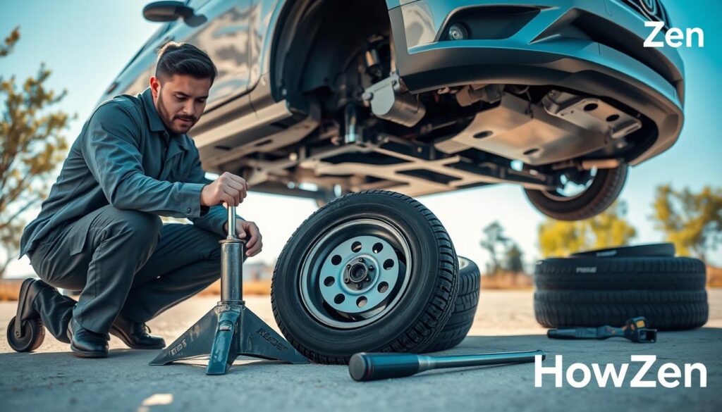 A detailed scene depicting a mechanic in professional attire, kneeling next to a car with a jack, carefully lowering the vehicle after changing a flat tire. The foreground features the jack positioned under the car chassis, with the mechanic's focused expression illustrating concentration and care. In the middle ground, the partially elevated vehicle displays a spare tire beside it, while tools like a wrench and a tire iron lie on the ground. The background captures a bright, outdoor setting with a clear blue sky and a few trees, creating a peaceful atmosphere. Soft, natural lighting highlights the mechanics' focused work, enhancing the scene's clarity. The image is crisp, with a slight depth of field effect that gently blurs the distant background, emphasizing the act of securing the spare tire. Branding present is “HowZen.”