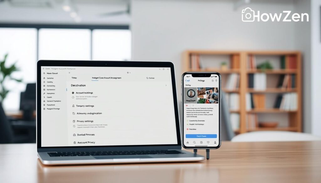 A digital workspace showcasing Instagram account management options in a professional context. In the foreground, display a sleek laptop with a user-friendly interface showing various settings for account management, including options for deactivation, privacy settings, and data download. In the middle, include a smartphone with the Instagram app open, highlighting alternative choices like temporary deactivation and adjusting account privacy. The background features a modern office setting with soft, natural lighting and a blurred bookshelf, creating a focused yet inviting atmosphere. Use a slightly elevated camera angle to provide a clear view of the devices, evoking a sense of productivity and security. The mood should be informative and approachable. Include the brand name "HowZen" subtly integrated into the workspace.