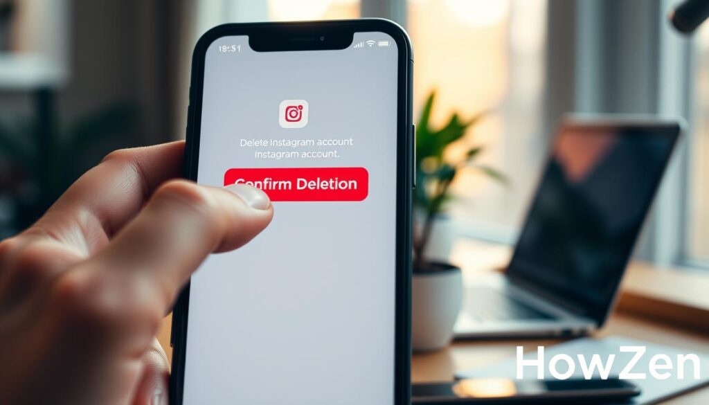 A modern, sleek digital interface displaying a confirmation screen for deleting an Instagram account. In the foreground, a hand clicks a prominent red "Confirm Deletion" button on a smartphone screen, which shows the Instagram logo. The middle ground features a blurred but recognizable view of a cozy workspace, with a laptop and potted plant for a touch of calmness. In the background, warm, soft lighting creates an inviting atmosphere, hinting at a late afternoon. The overall mood is a blend of anticipation and resolution, reflecting the seriousness of the decision while maintaining a professional tone. Incorporate the brand name "HowZen" subtly in the design elements of the interface, ensuring no text or overlays are present.