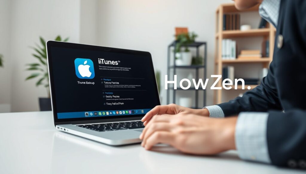 A modern, sleek workspace setting featuring a laptop displaying the iTunes logo prominently on the screen, with a bright interface showing backup options. In the foreground, a close-up of a person’s hands, dressed in smart casual attire, is interacting with the laptop. The background showcases a serene office environment with soft lighting, a plant, and bookshelves filled with tech-related materials, creating a calm and professional atmosphere. The composition captures a sense of focus and determination, illustrating the theme of data recovery. A subtle placement of the HowZen logo can be integrated into the workspace decor, enriching the narrative of efficient data management and recovery solutions. Rendered with a soft-focus effect to evoke a sense of clarity and professionalism. A modern, sleek workspace setting featuring a laptop displaying the iTunes logo prominently on the screen, with a bright interface showing backup options. In the foreground, a close-up of a person’s hands, dressed in smart casual attire, is interacting with the laptop. The background showcases a serene office environment with soft lighting, a plant, and bookshelves filled with tech-related materials, creating a calm and professional atmosphere. The composition captures a sense of focus and determination, illustrating the theme of data recovery. A subtle placement of the HowZen logo can be integrated into the workspace decor, enriching the narrative of efficient data management and recovery solutions. Rendered with a soft-focus effect to evoke a sense of clarity and professionalism.