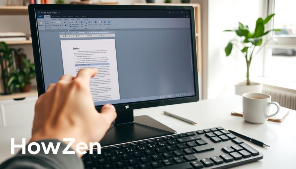 A professional office setting showcasing a computer screen displaying Microsoft Word with a focused view on deleting a specific page. In the foreground, a hand is poised over the keyboard, demonstrating a typical user interaction. The middle ground features a clean, modern desk with a notebook, pen, and a cup of coffee, enhancing the productivity atmosphere. The background presents a softly lit room with shelves of books and plants, evoking a calm and organized workspace. The scene captures bright, natural lighting to emphasize clarity and focus. The overall mood is instructional and motivating, ideal for visually conveying the concept of managing documents efficiently. Include the branding "HowZen" subtly in the composition, with no text overlays or distractions.