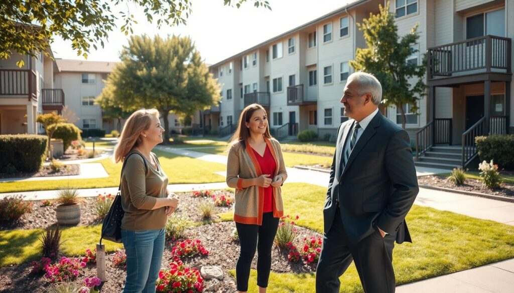 A well-maintained low-income housing complex, showcasing a clean exterior with vibrant flower beds and maintained lawns. In the foreground, a diverse group of tenants, including a Caucasian woman in modest casual clothing and a Hispanic man dressed in professional attire, are discussing maintenance issues with a friendly property manager, also dressed professionally. The scene is set in bright daylight, emphasizing a sense of community and cooperation. In the background, several apartments can be seen with fresh paint and clearly visible identification of the property as "HowZen". Soft sunlight falling through the trees casts gentle shadows, creating a warm, welcoming atmosphere. The image captures the essence of tenant rights and responsibilities in a supportive housing environment.