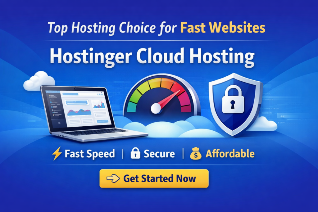Hostinger Cloud Hosting banner showing fast website speed, strong security, and affordable pricing with a call-to-action to get started. 